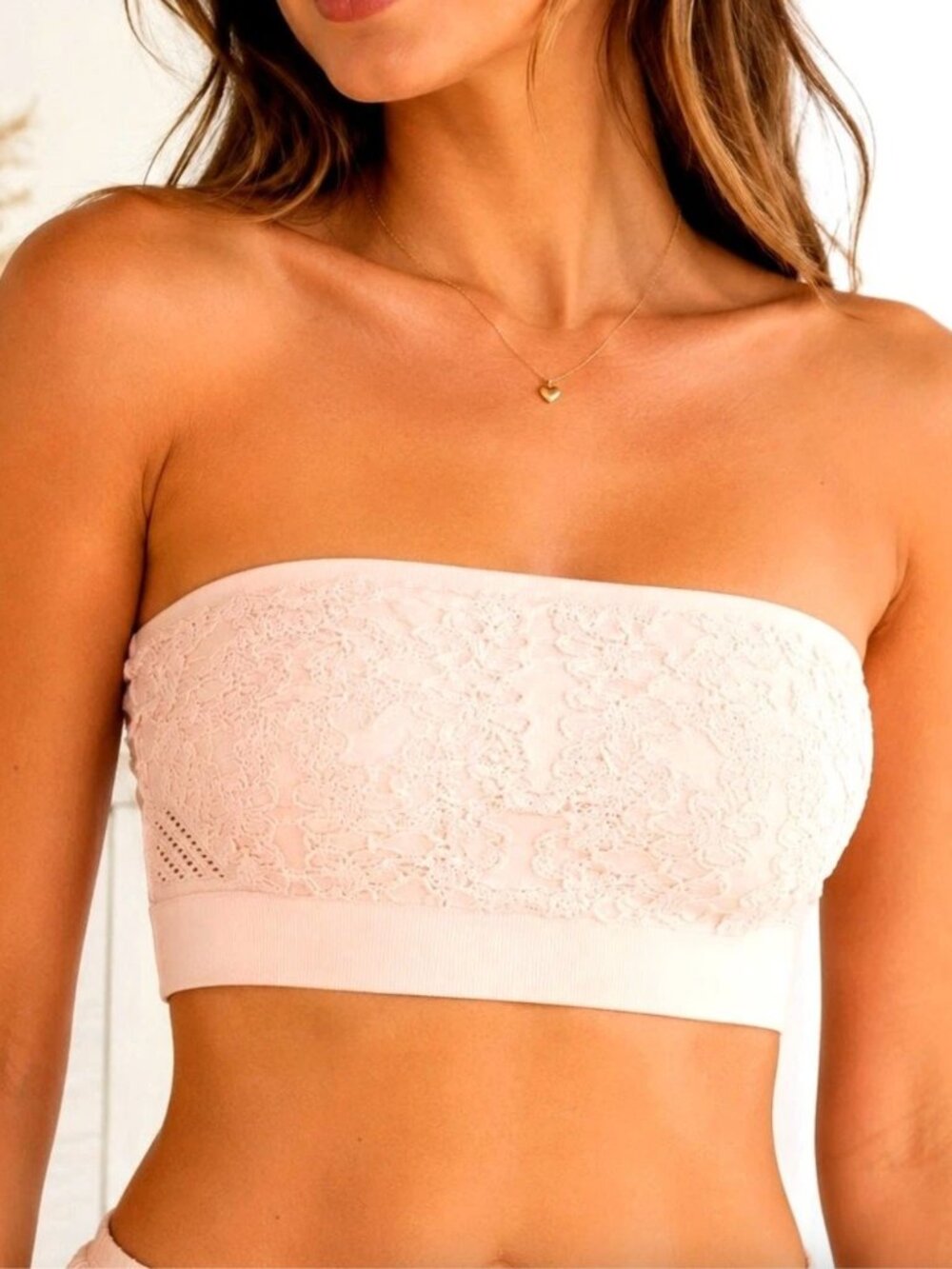 Spiritual Gangster Strapless Bandeau Bralette Size XS Small Peach Lace Knit